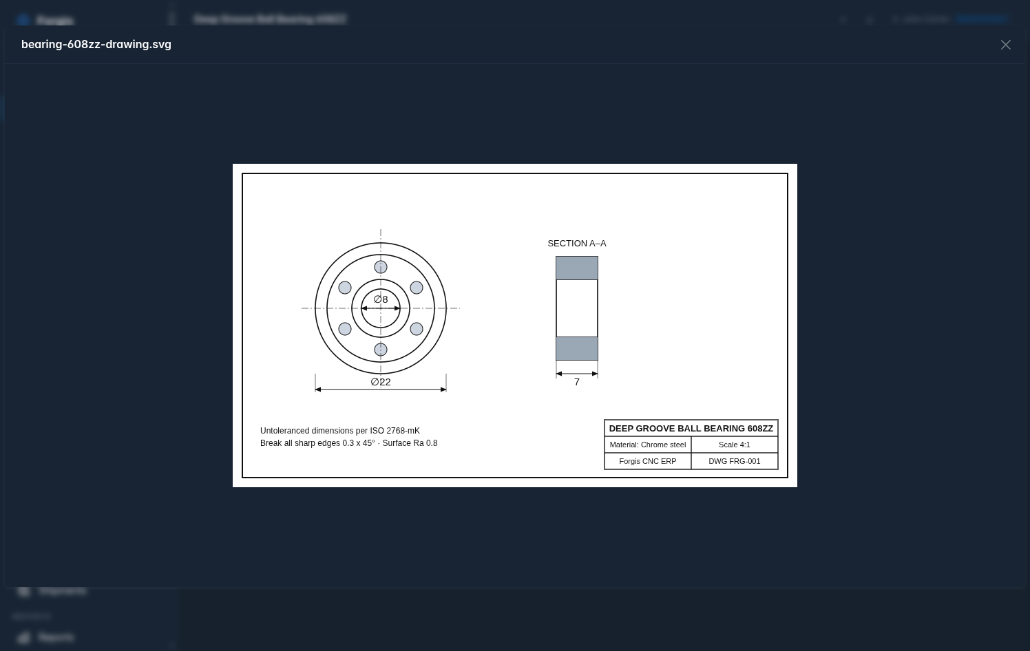 2D technical drawing preview inside Forgis